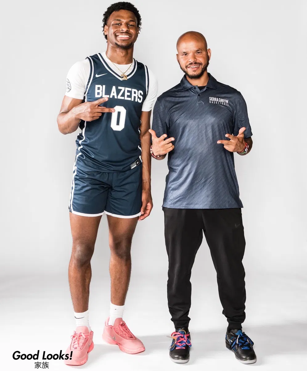 Coach Sandy with a Sierra Canyon Blazers player in studio portrait